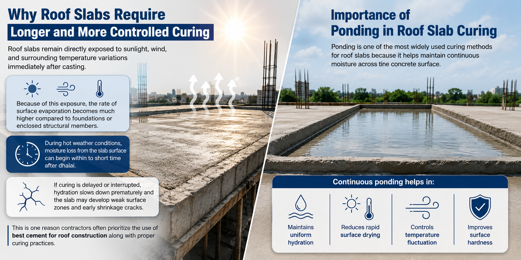 The importance of longer and controlled curing practices for durable and strong roof slab construction.