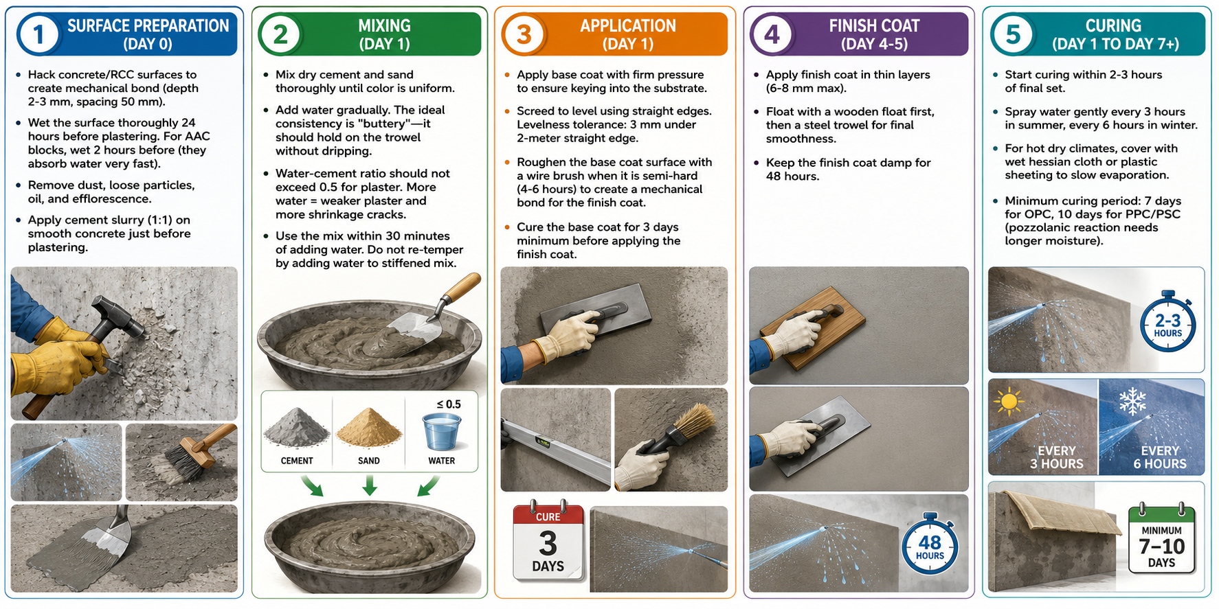 Step-by-step plastering process, including surface preparation, cement and sand mixing, plaster application, finish coat, and proper curing techniques for durable, crack-resistant walls.