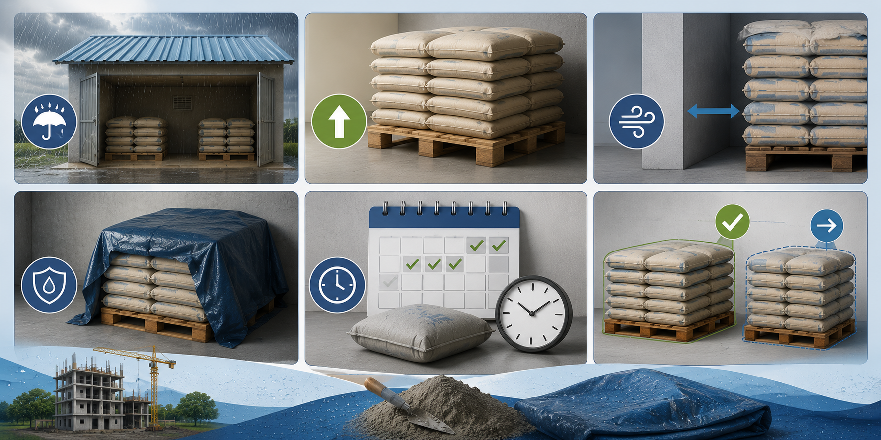 Six essential cement storage tips for the monsoon, including dry covered storage, raised pallets, wall clearance, waterproof covering, limited storage time, and first-in-first-out inventory management.